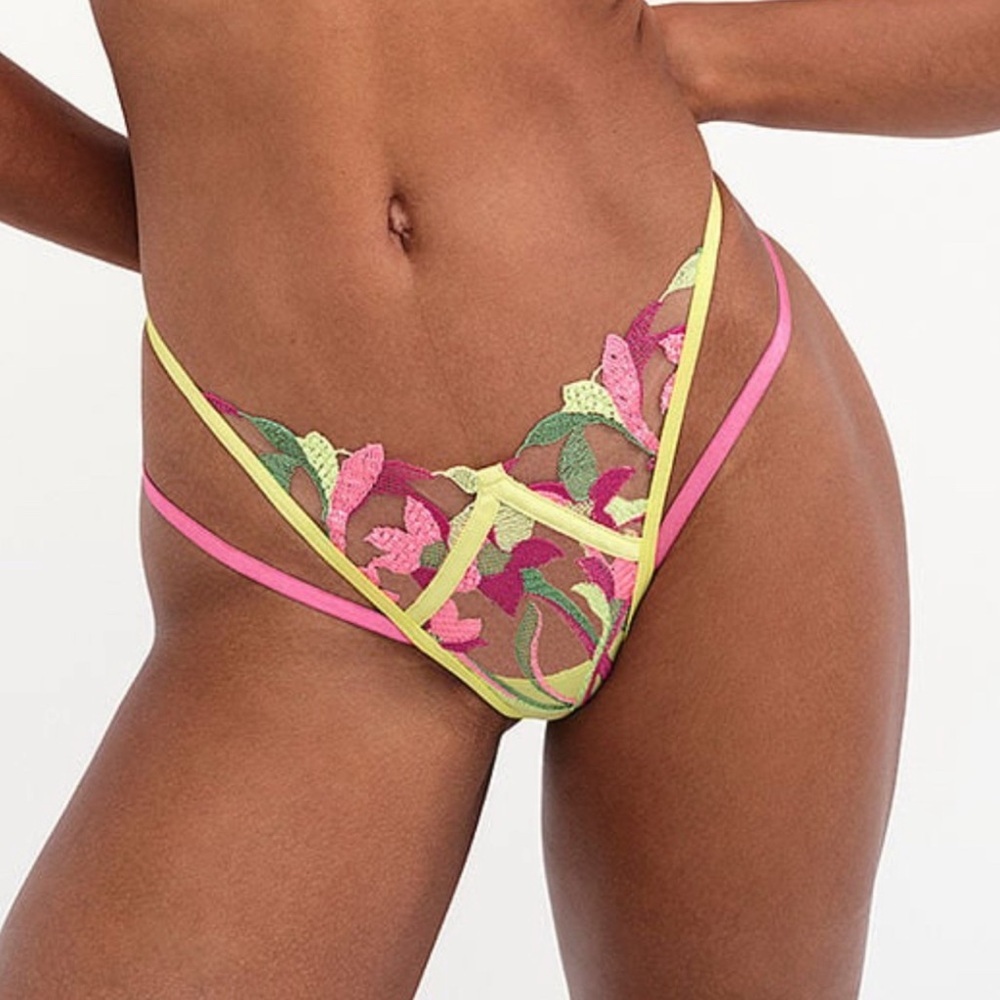 For Love and Lemons Petunia Neon Strappy Embroidered Lace Thong XXS NWT